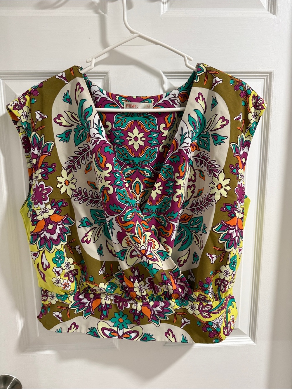 Floral Olive Sleeveless Wrap Blouse